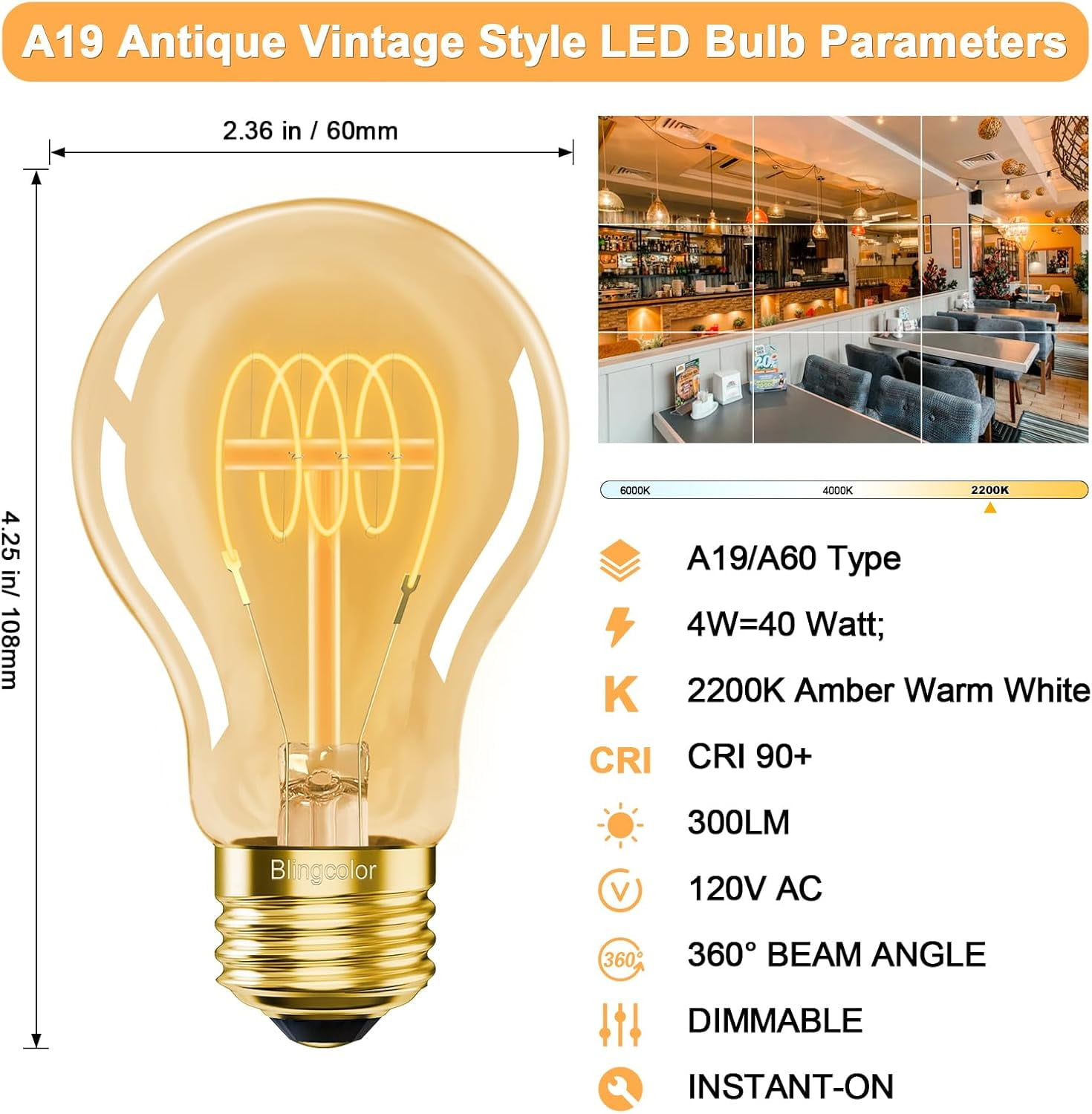 A19 Vinta LED Edison s 40 Watt, 4-Pack Dimmable A19 4W 2200K Amber Warm s, E26 Base, 4W Equal 40 Watt Incandescent Bulbs, Decorative Antique Spiral LED Bulb, 300LM