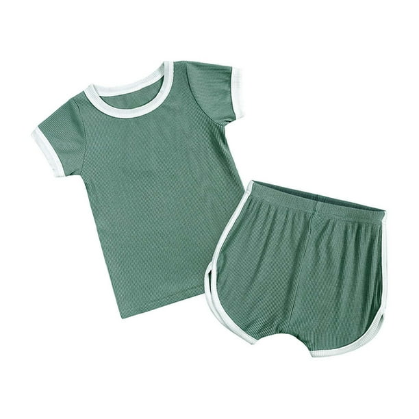 Ropa De Bebé (Niño O Niña) Traje De Niño Pequeño Verano Acanalado Top De Manga Corta Pantalones Cortos Conjunto De Dos Piezas Verde Odeerbi LM103-10416