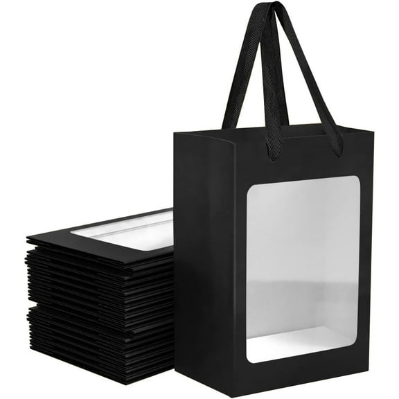 12 Pcs Black Kraft Paper Gift Bags with Transparent Window, 9.84"x7.0"x5.12" Kraft Shopping Bags with Handles for Bouquet Christmas Birthdays Festivals Party Weddings Wrapping