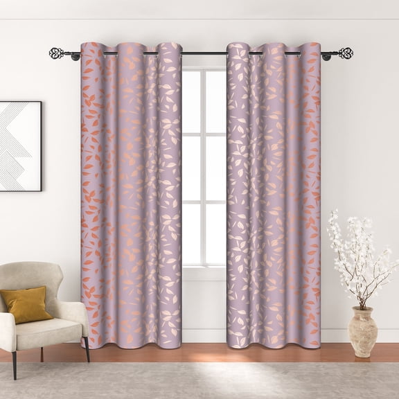 MIZHONA Purple Blackout Curtains for Living Room Gradient Gold Leaves Window Curtain Set of 2,42"x84"
