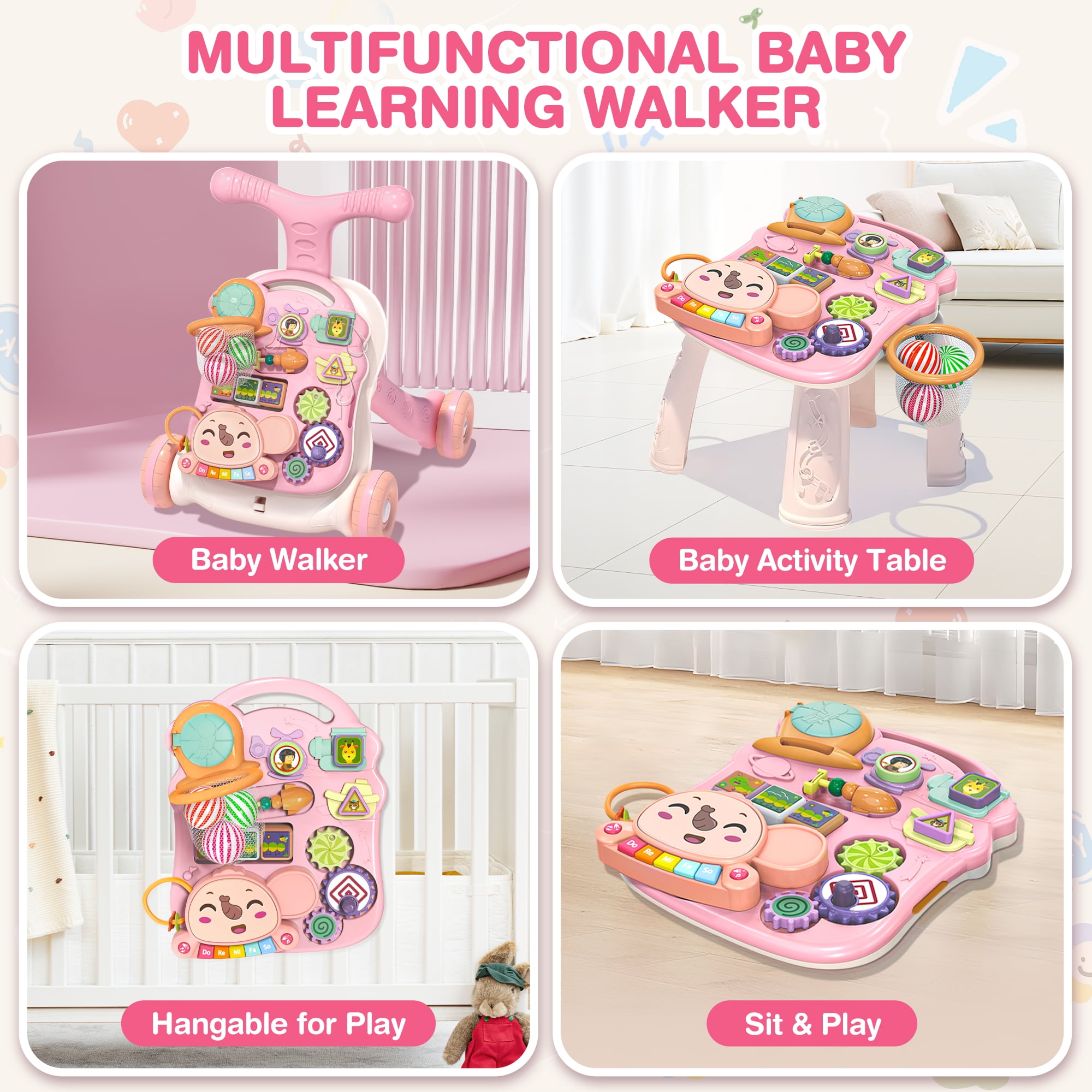 XUEYU Toddler Learning Table Infant Musical Learning Walker with Rolling, Pink Baby Activity Center, Learn to Walk Sit to Stand, 1 Count