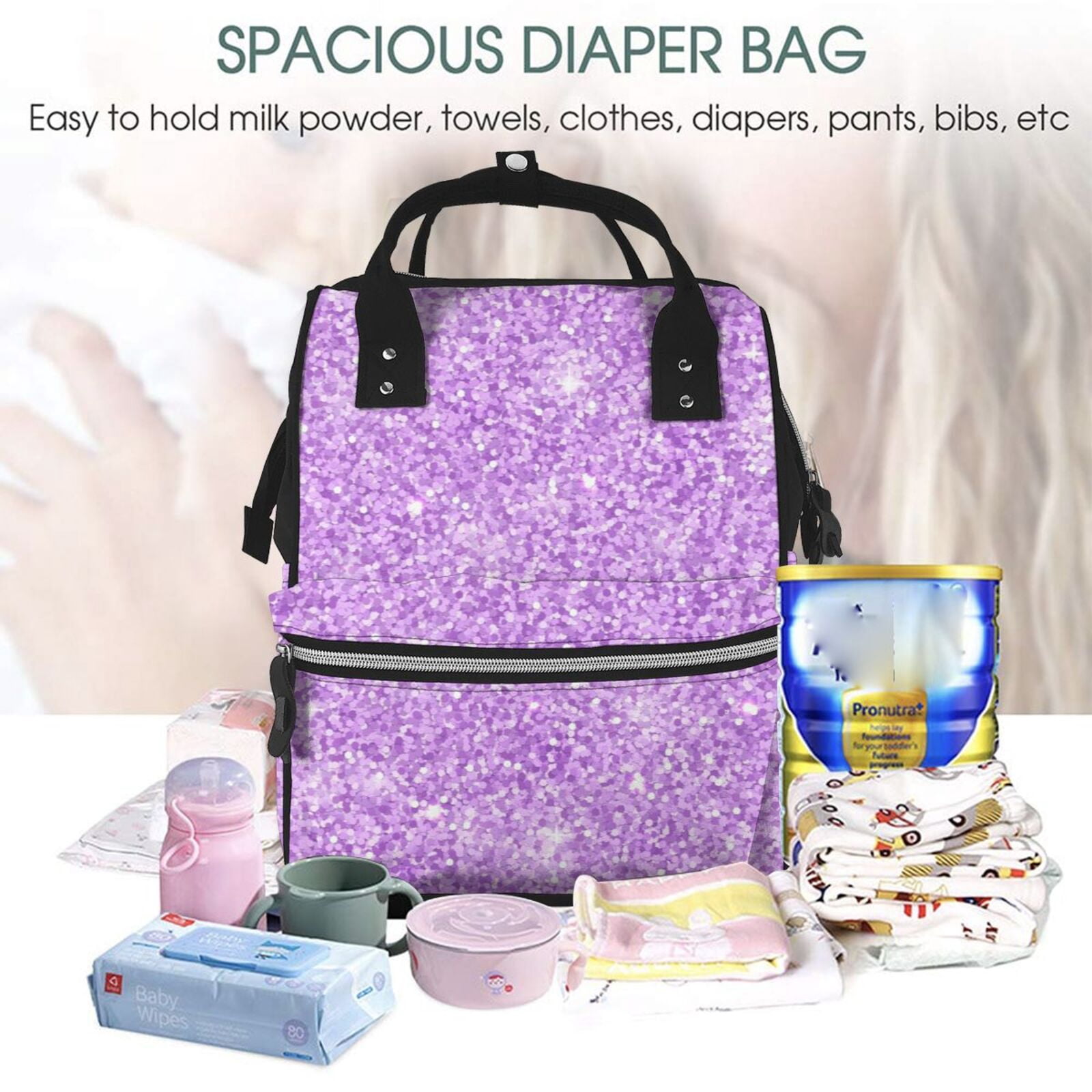 Ratiio Lilac Glittering Mummy Backpack - Waterproof Twill Canvas, Large Capacity Diaper Bag with Multiple Pockets and Adjustable Straps