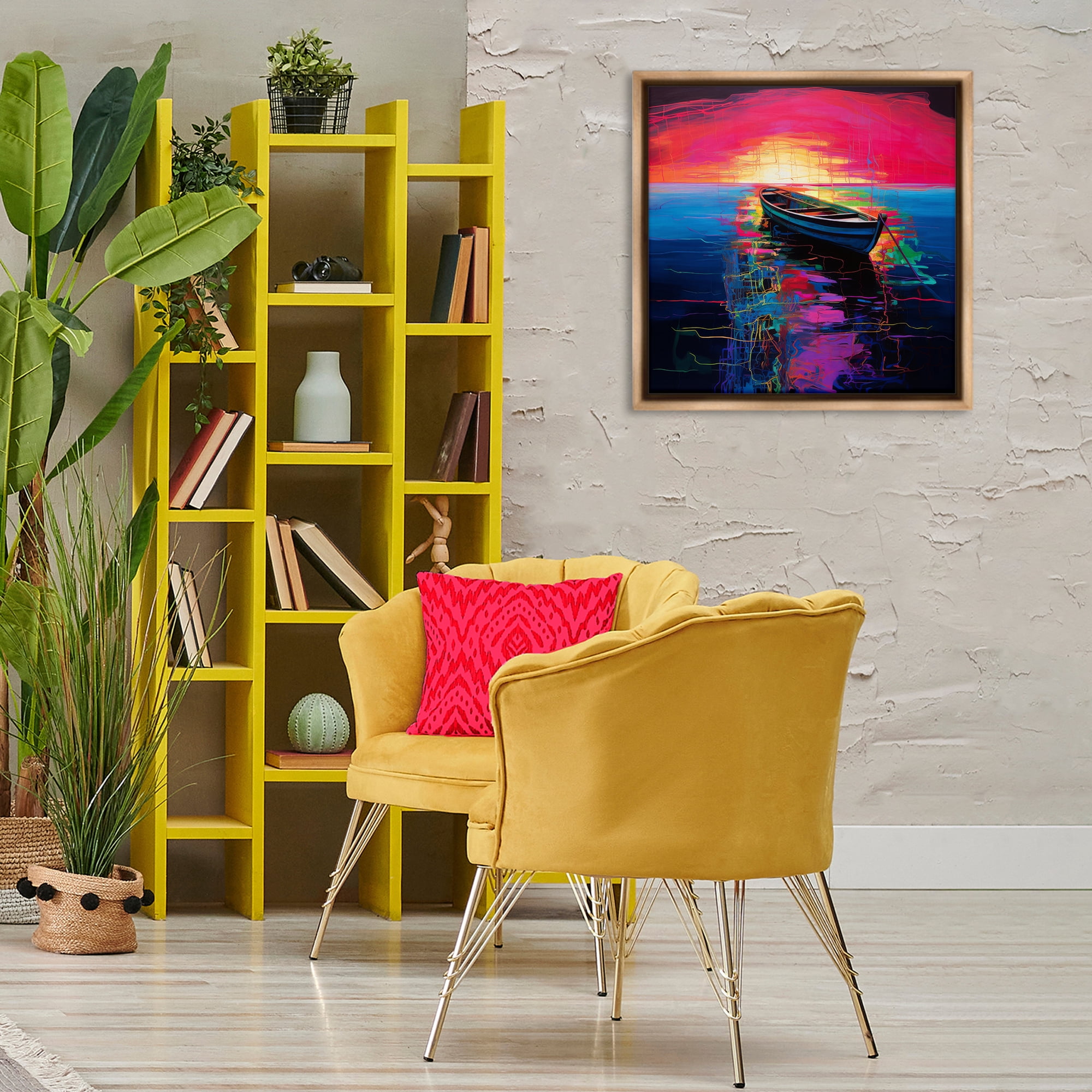 Stupell Industries Boat in Bold Sunset Transportation Painting Brown Floater Framed Canvas Art Print Wall Art, 25 x 25