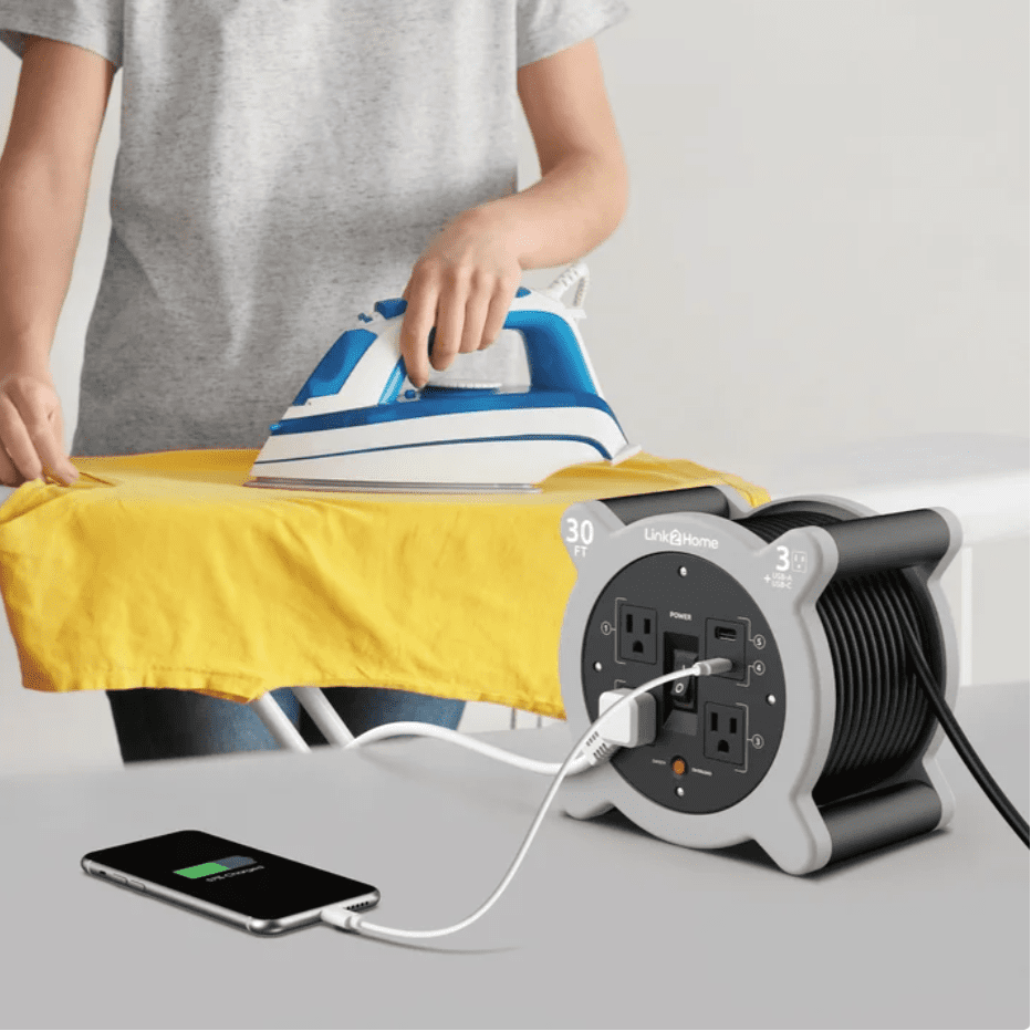Link2Home 30ft Retractable Cord Reel with 3 Power Outlets and 2 USB A/C Ports, 16 AWG SJT Cable, On/Off Switch, 2.4A Fast Charging – Compact Extension Power Station