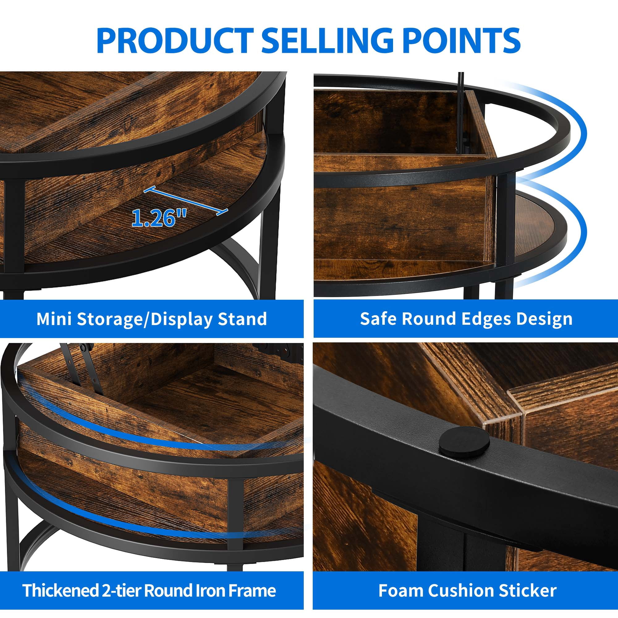 Dextrus Round Lift Top Coffee Table, Center Tables with Hidden Storage Compartment for Living Room/Home Office, Brown