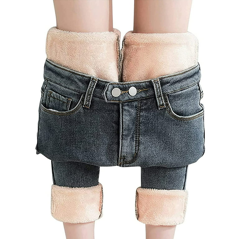Women's Fleece Lined Jeans Thermal Flannel Lined Jeans Winter Warm Thicken  Skinny Stretch Denim Pants (Light Blue, US 6)