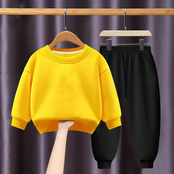 PInxai Fall Piece Sets for Girls Boys Casual Kids Clothing Round Neck Long Sleeve Tops Elastic Wiasted Pants Solid Color,Yellow,3 Years