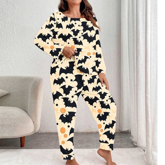 Gamivast Halloween Sleepwear Sets for Women Plus Size Spooky Flying Bat Pattern Print Long Sleeve Tops with Long Pants Casual Loungewear Pajamas Activewear Apparel Yellow XXXL