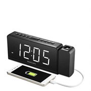 shanlonyi projection alarm clock radio with am/fm, time projector, mobile device usb charging station, large 7" led display, dual alarm, battery backup