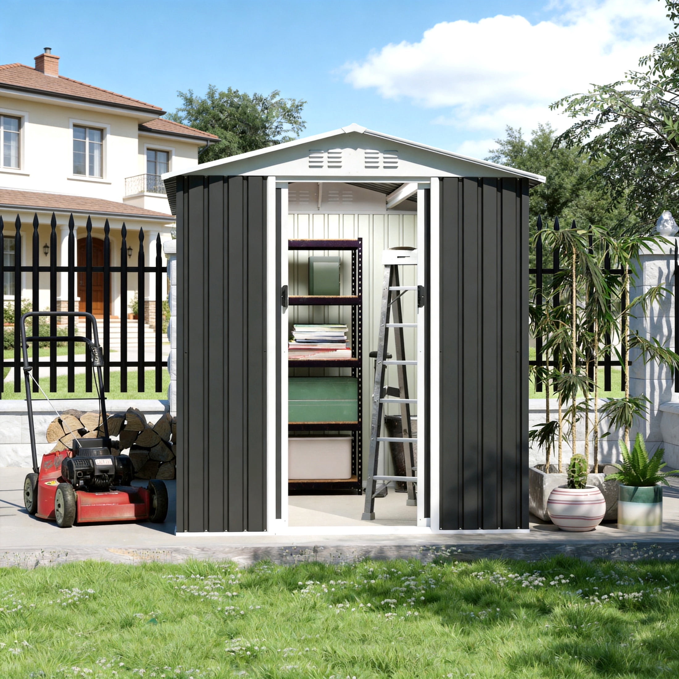Noble House 6x9 FT Metal Garden Storage Shed, Apex Roof Outdoor Tool & Bike Shelter with Sliding Doors, Dark Grey