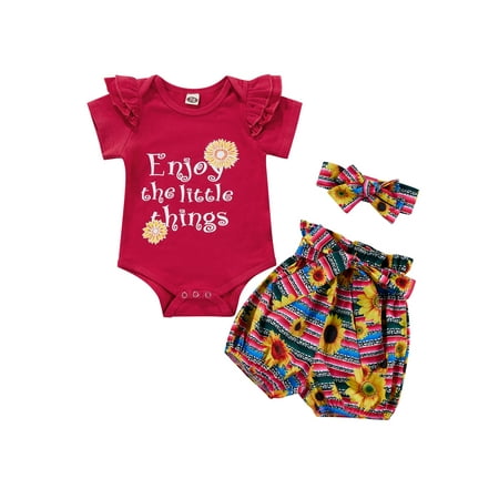 

XIAXAIXU Infant Baby Girl Summer Clothes Ruffle Short Sleeve Romper+Sunflower Stripe Shorts+Headband Outfits Red 12-18 Months