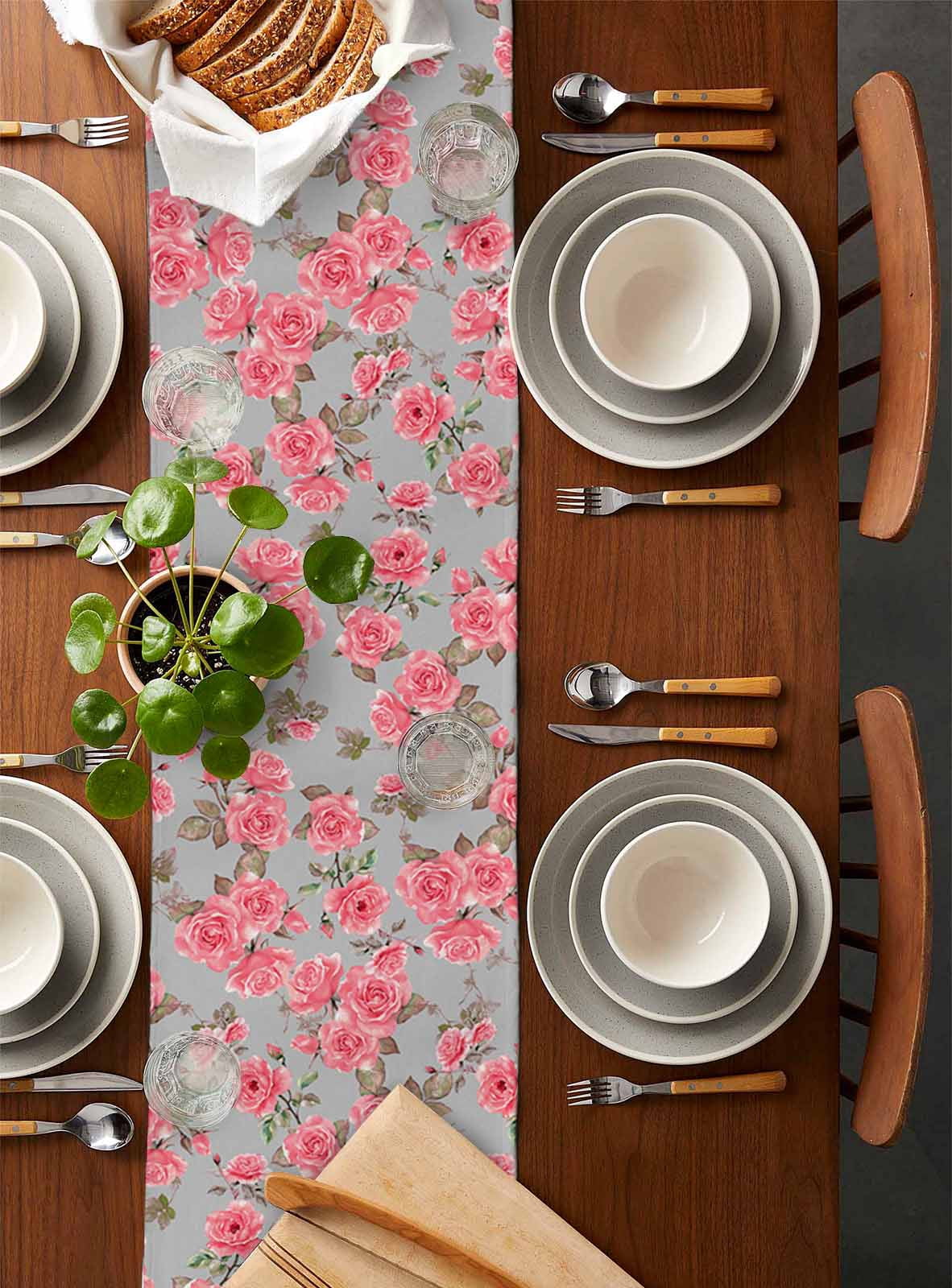 Red Floral Table Runner Cotton Linen 60 Inch Holiday Dresser Scarves, Farmhouse Garden Flowers Botanical Tablerunner for Kitchen Coffee Dining Bedroom Home Living Room Dinner Scarf Décor 13''x60''