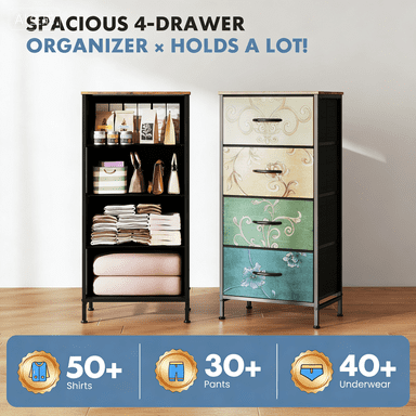 edx Fabric Dresser with 4 Drawers, Retro Flower Design, Chest of