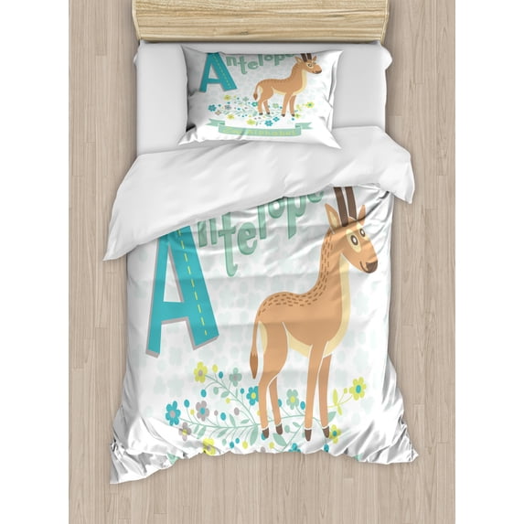 Antelope Duvet Cover Set Twin Size, Zoo Alphabet Themed Floral Graphic of Animal and Typographic Elements, Decorative 2 Piece Bedding Set with 1 Pillow Sham, Multicolor, by Ambesonne