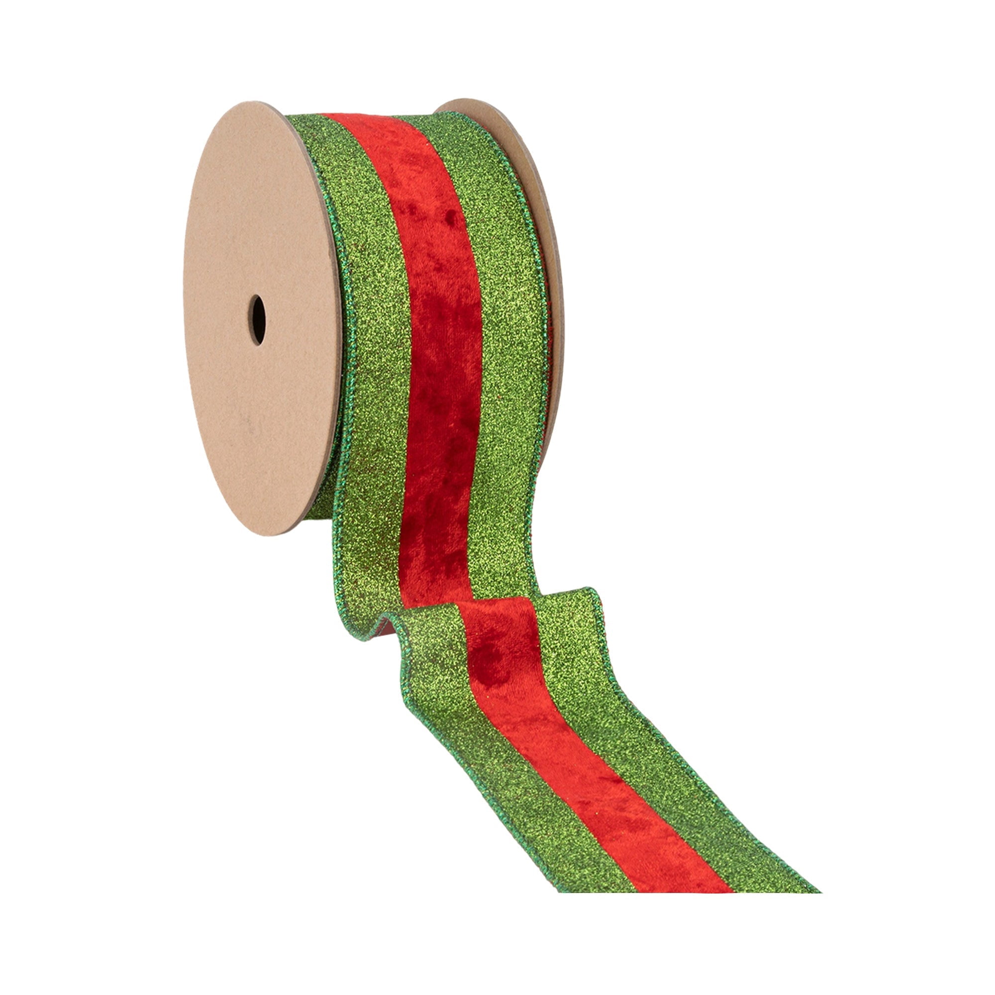 LaRibbons 2 1/2" Wired Ribbon, Green Glitter with Red Velvet Stripe, 10 Yard Roll
