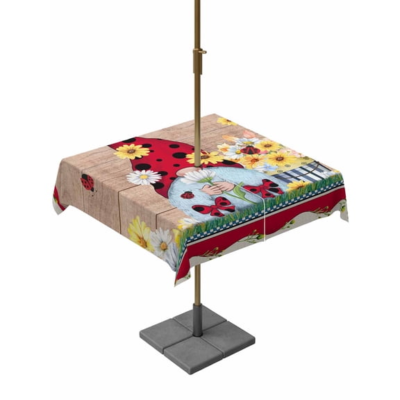 Outdoor Tablecloths with Umbrella Hole & Zipper, Red Gnomes 60x60 Inch Square Tablecloths, Spring Daisy Wildflowers Farmhouse Wooden Plank Waterproof Table Cloth, Patio/Pool/Picnic Table Covers