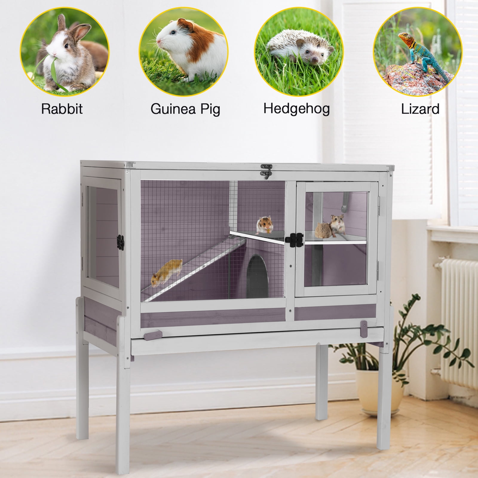 Aivituvin Guinea Pig Cages Indoor Rabbit Hutch with Removable Stand Anti Chewing Wooden