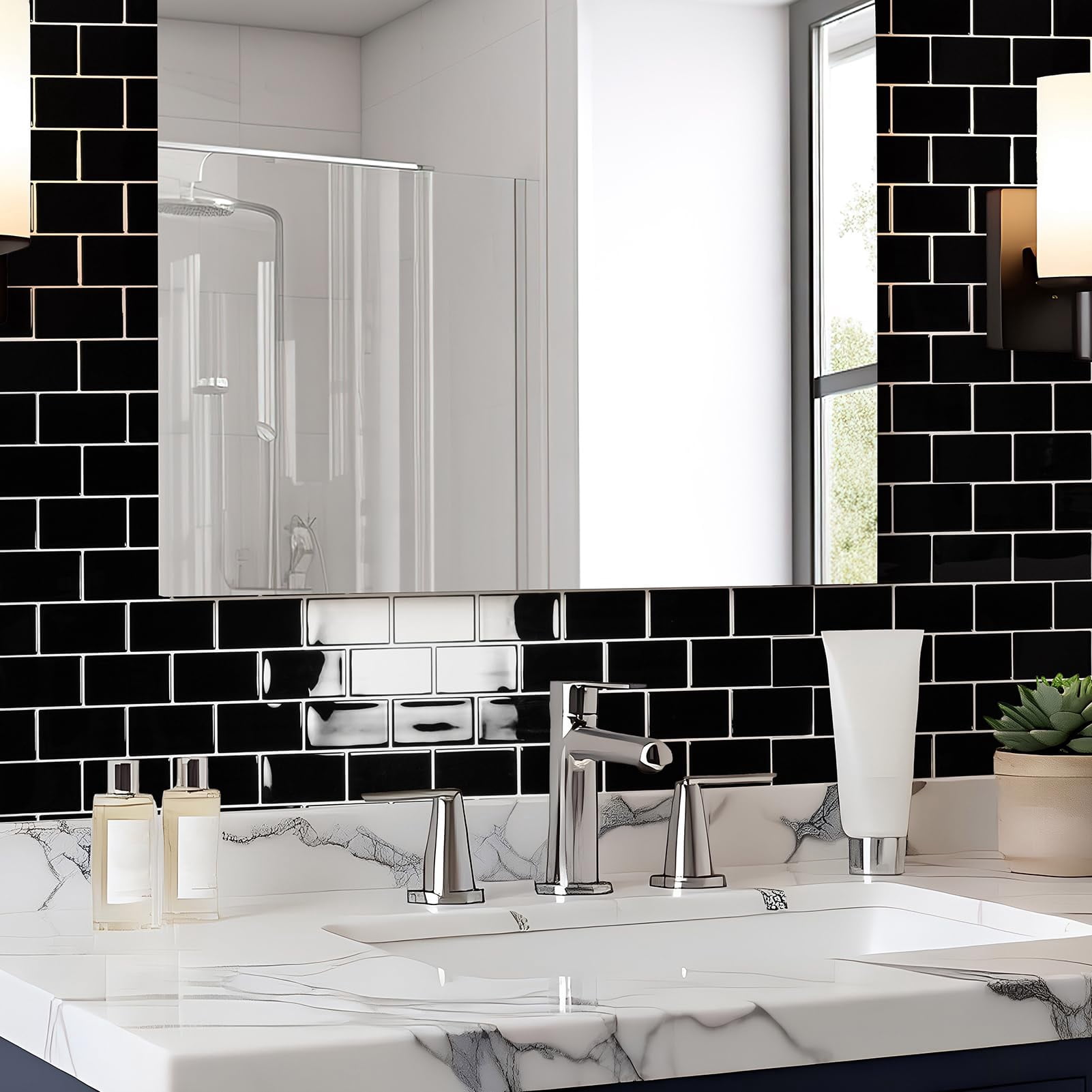 Peel And Stick Black With Grout Wall Tiles - 10-pack Of 12 X12 Thickened Design Backsplash  Self-adhesive Tile For Kitchen & Bathroom Decor