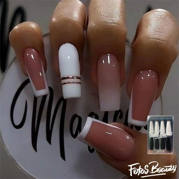Christmas Decoration Fofosbeauty 24pcs Press on False Nails, Long Coffin Fake Nails, White Square French Gel