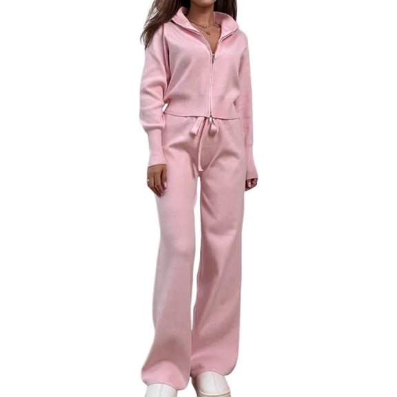 Women 2 Piece Outfits Lapel Long Sleeve Zip Up Sweatshirt Wide Leg Pants Matching Tracksuit Sets Pink L