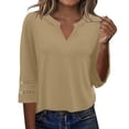 thumbnail image 3 of Craaazy Women Casual Tops Loose Fit Solid Color V Neck Lace Trim 3/4 Sleeve Blouses for Fall Gift, 3 of 9