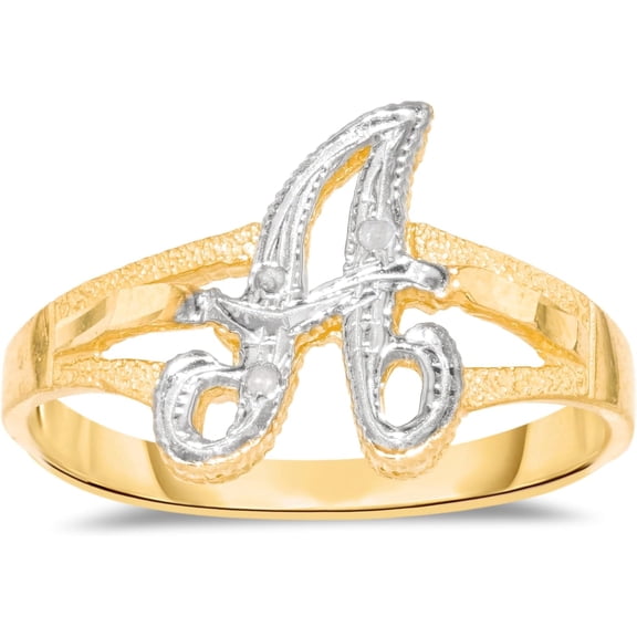 Floreo 10k Two-Tone Yellow Gold and White Gold 8.5mm Personalized A-Z Initial Cursive Letter Ring, Sizes 3 - 10