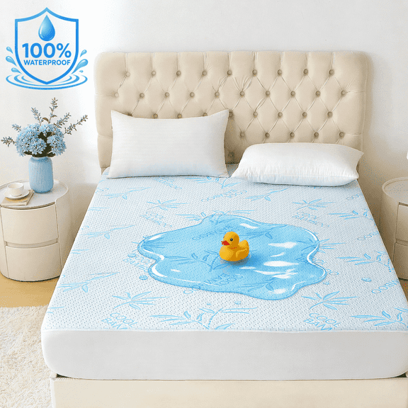 Yalamila Cooling Bamboo Mattress Protector, 100% Waterproof, Ultra Soft Breathable Noiseless and Washable, 8-21 inch Deep Pocket (Queen)