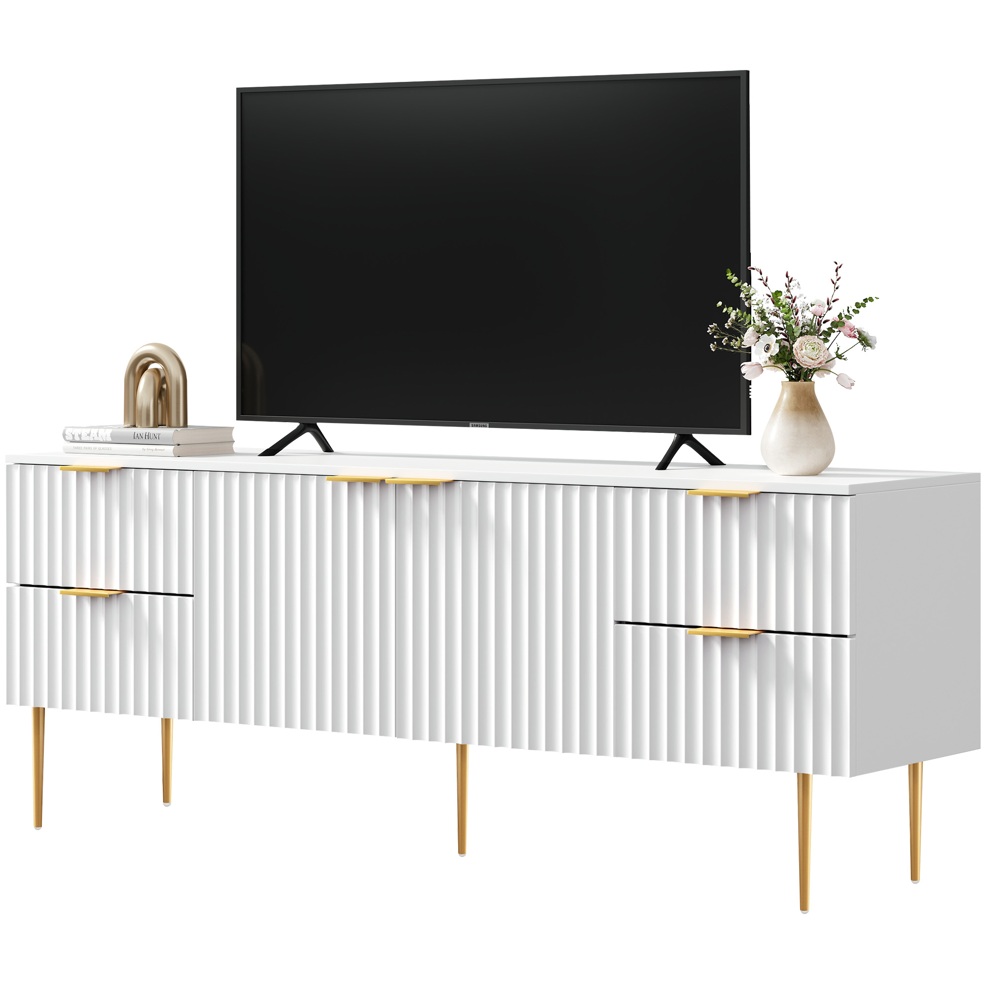 SICOTAS Modern Fluted TV Stand for TVs up to 70", High Glossy Entertainment Center with 2 Storage Cabinets & 4 Drawers, Tall Media Console Table for Living Room, White