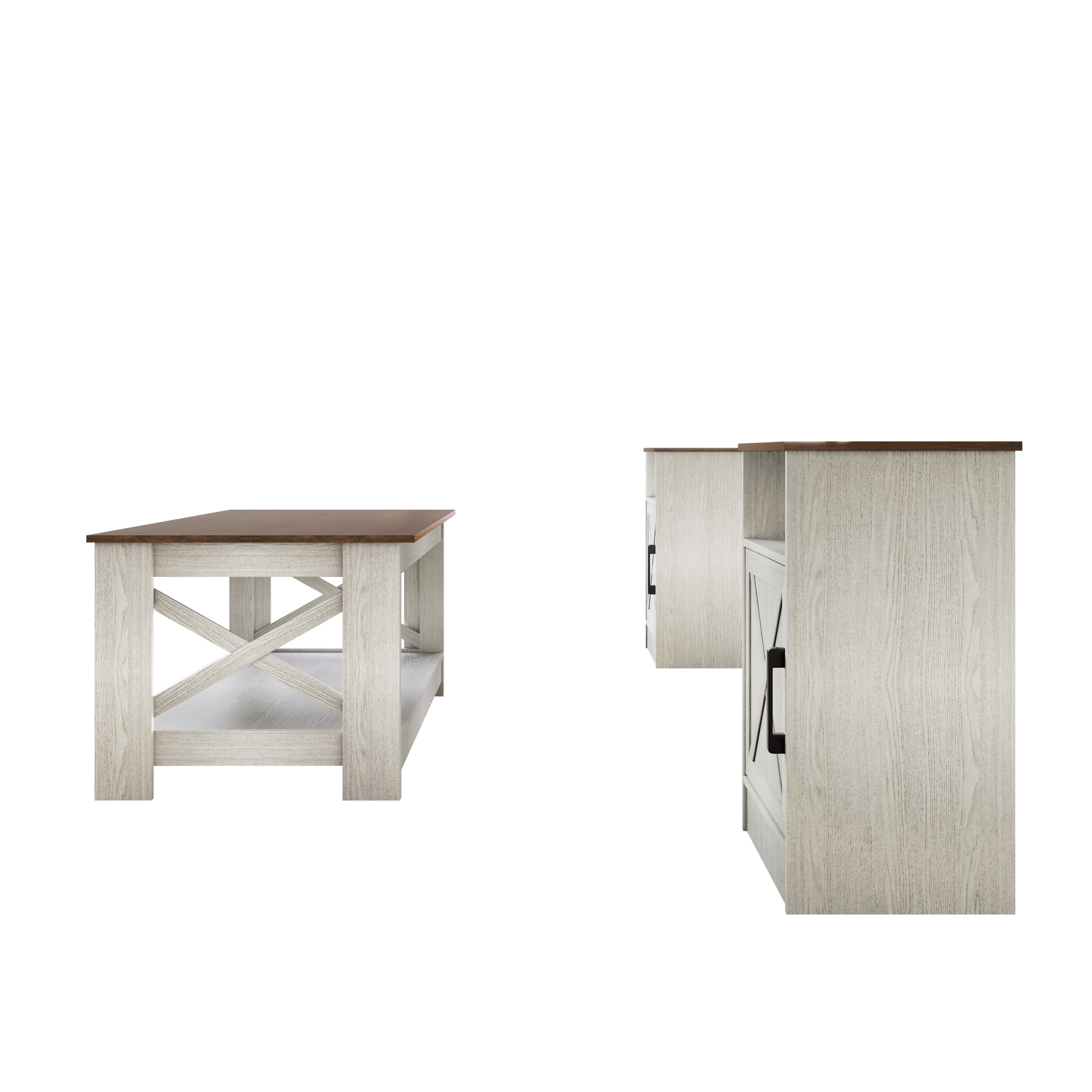 Home Design Lebanon 3 Piece Coffee Table Set - Includes coffee table and 2 end tables, With Soft-Close Doors, Brown/Light Gray, Easy Assembly