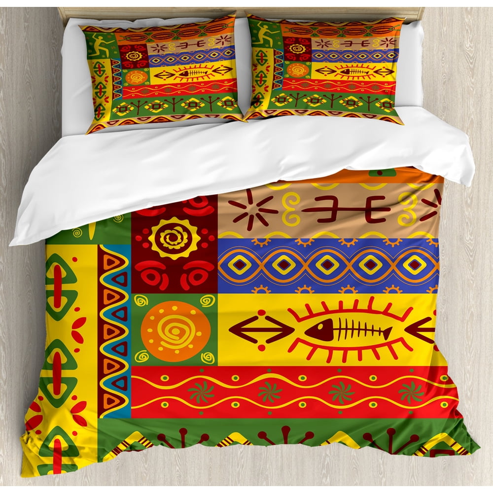 African Duvet Cover Set Queen Size, Abstract Ethnic West African Tribal