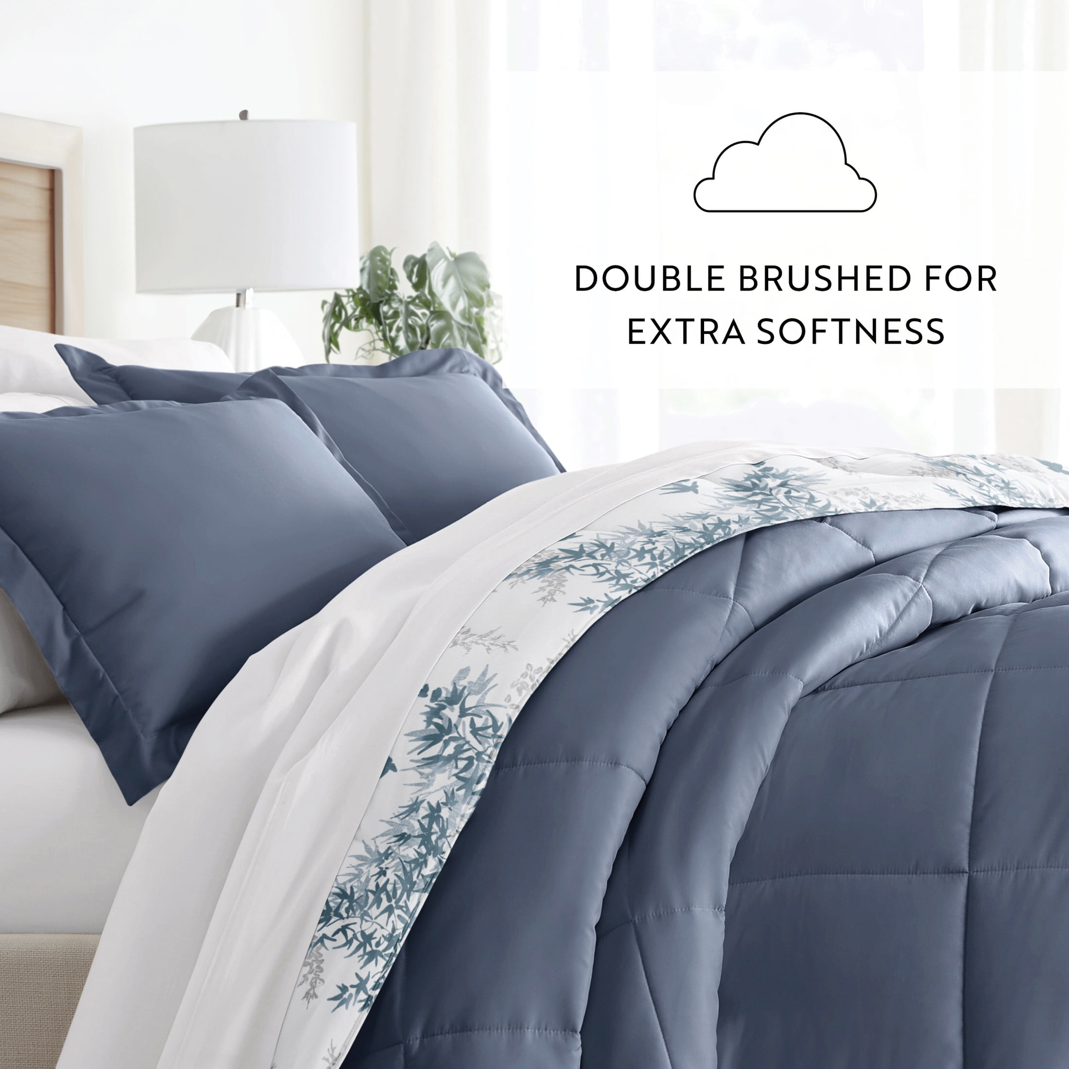 Noble Linens Down Alternative Bamboo Leaves Blue Stone Reversible Comforter Set