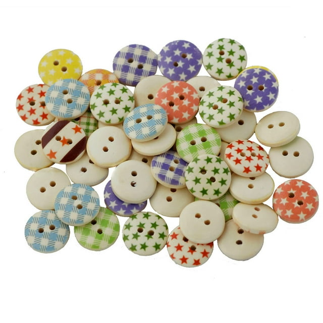 100 botones redondos de madera con estampado de dibujos en colores surtidos para costura y manualidades (15 mm) C