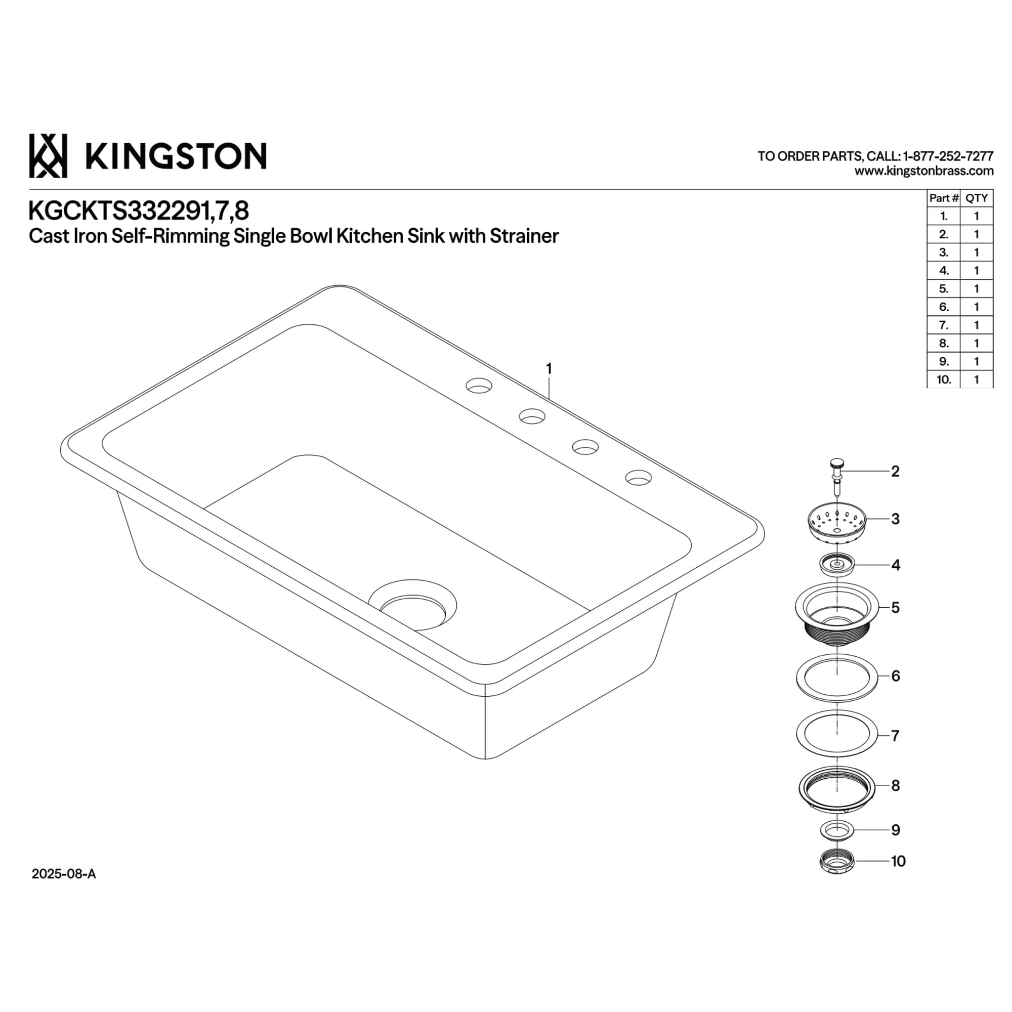 Kingston Brass KGCKTS332298 Towne 33-Inch Cast Iron Self-Rimming Single Bowl Drop-In Kitchen Sink (4-Hole) with Strainer in White/Brushed Nickel