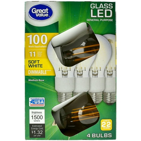 Great Value Glass LED General Purpose 100 Watt Equivalent Dimmable Light Bulbs, Soft White, 4 Pack