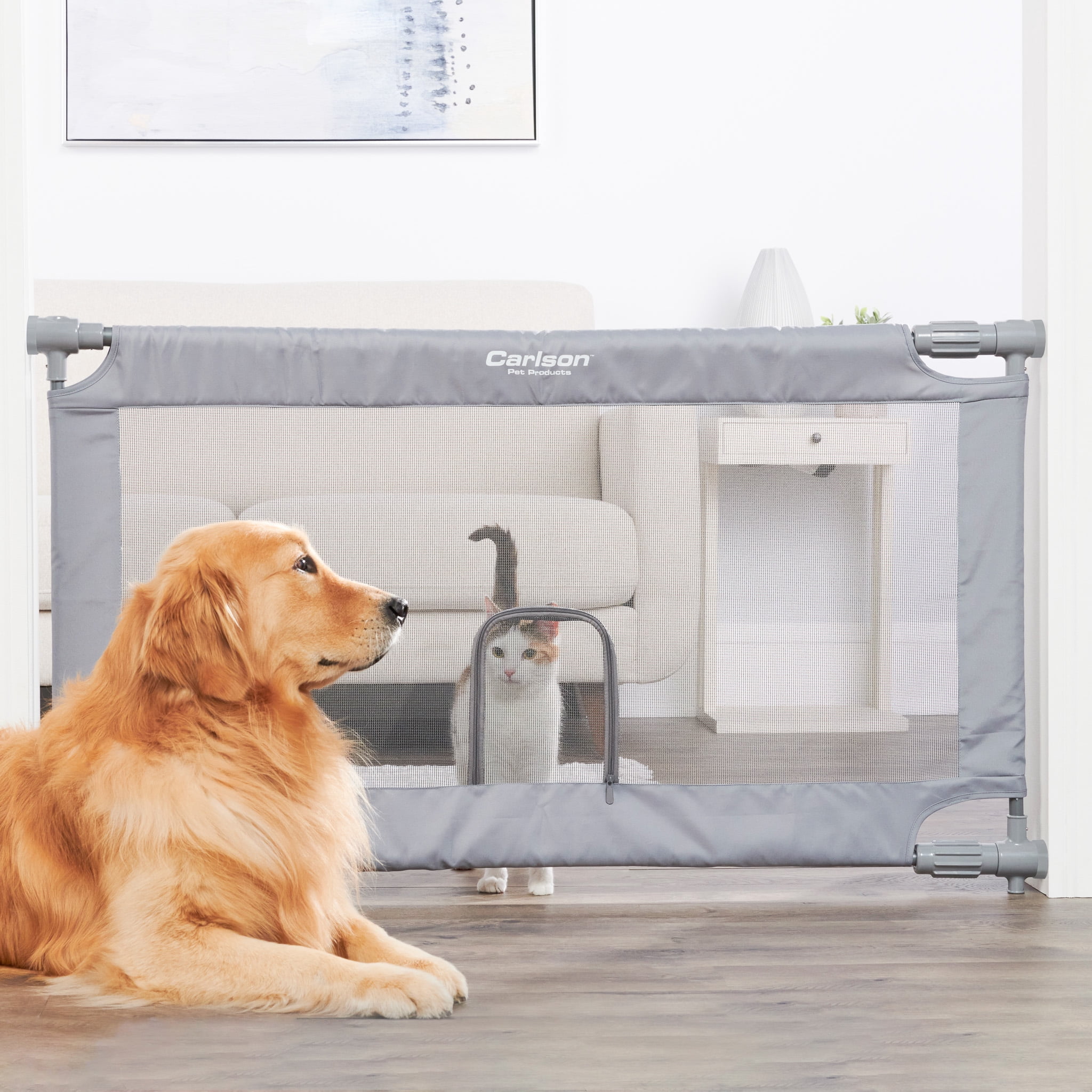 Carlson Extra Wide Gray Mesh Expandable Pet Gate with Small Pet Door, Mesh, includes Rubber Bumpers, Doors and Hallways