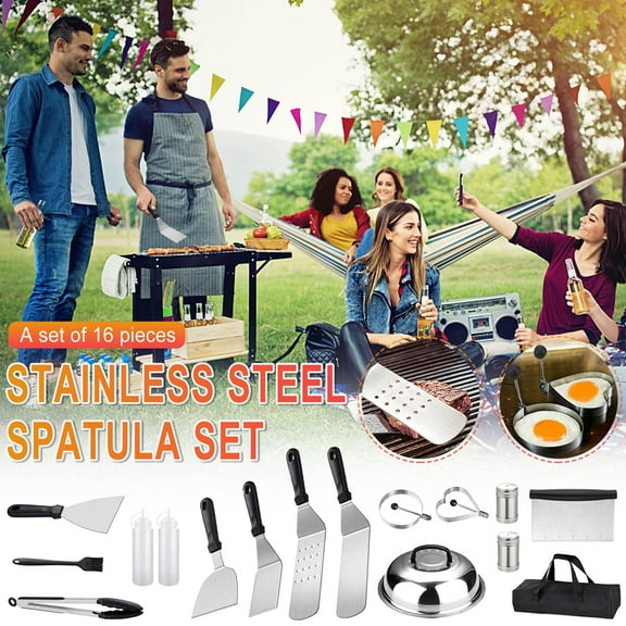 16PC Griddle Accessories Kit, Portable Flat Top Grilling Tools Set, Useful Stainless Steel Grill BBQ Spatula Kit, Cooking Utensils Set with Carry Bag for Outdoor Barbecue