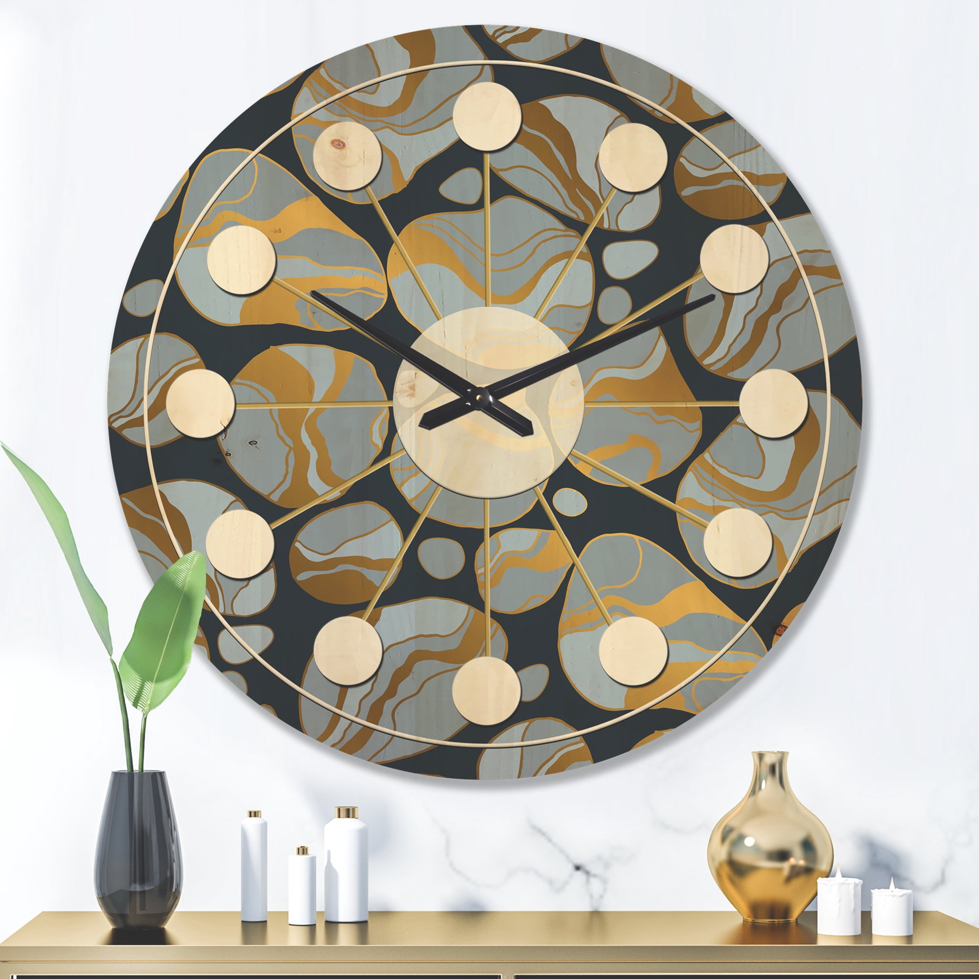 Designart 'Golden Colored Marble Design IV' Mid-Century Modern Wood Wall Clock