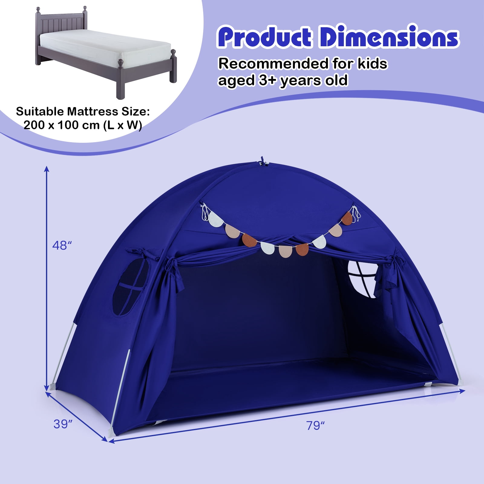 Gymax Twin Full Size Bed Tent w/2 Windows Flags for Boys & Girls Aged 3+ Years Old Navy