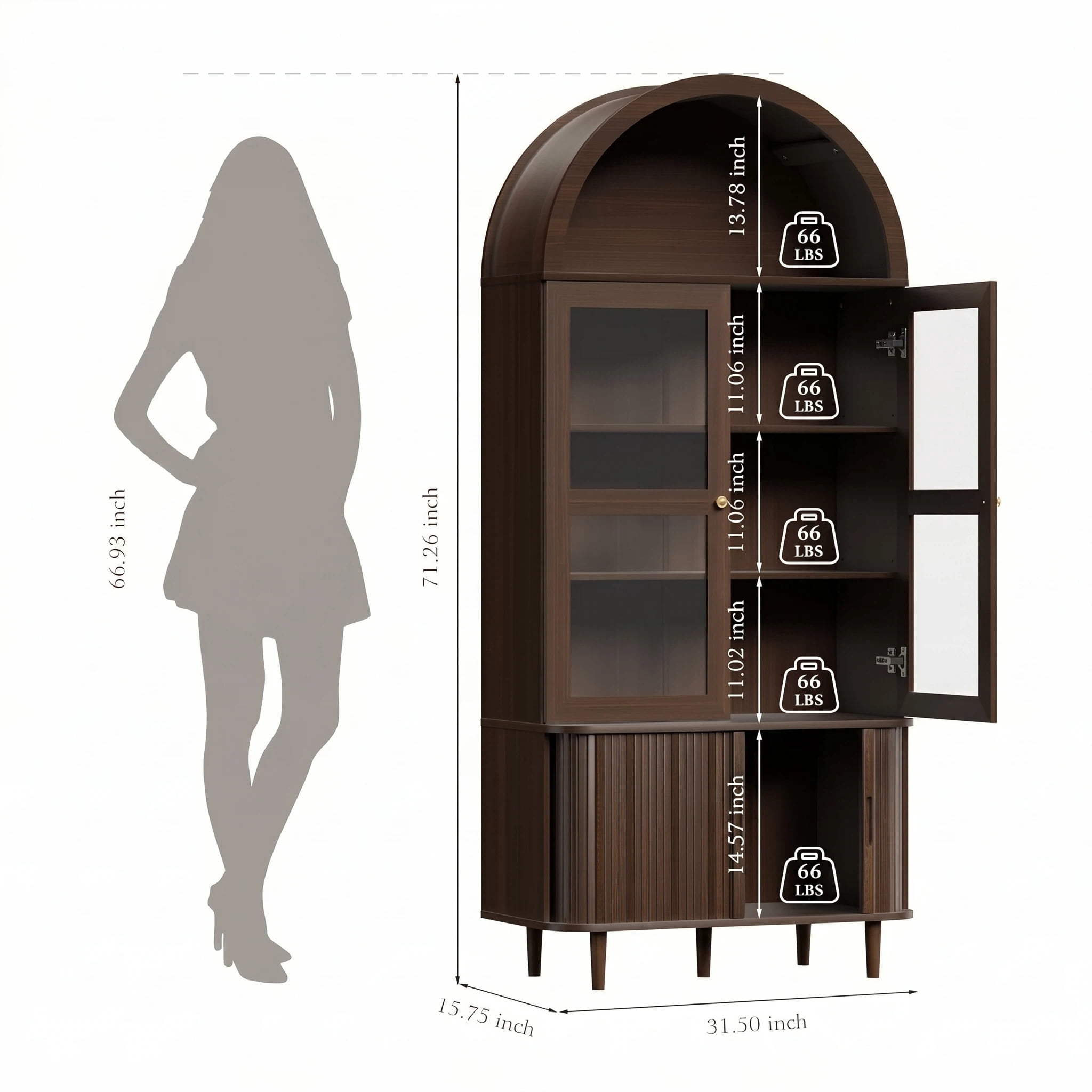 Aisword 71" Tall Arched Bookcases, 5-Tier Modern Farmhouse Bookshelf with Adjustable Shelves & Sliding Doors, Wood Display Storage Cabinet for Living Room, Office, Brown Withdoors
