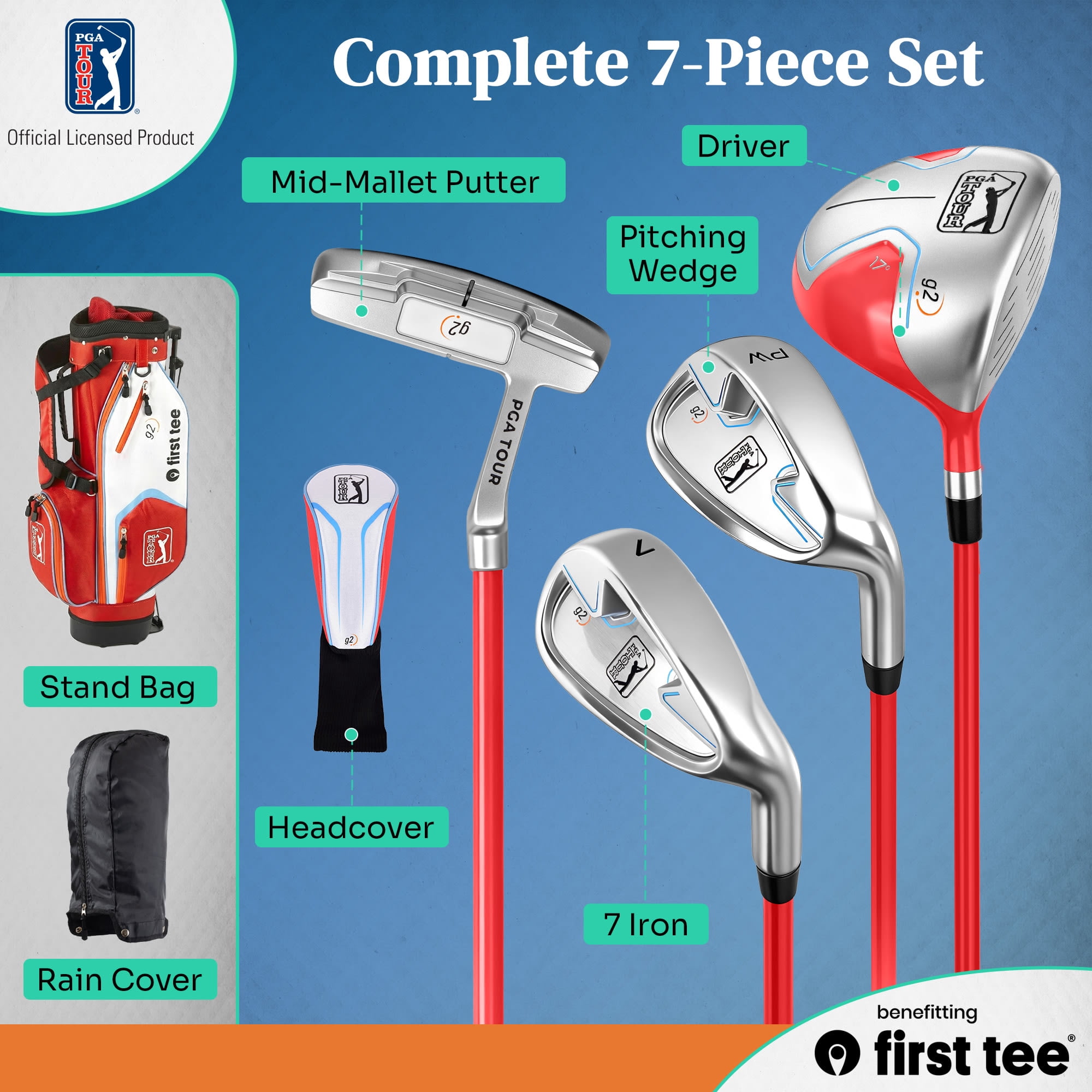 PGA TOUR x First Tee Junior Golf Club Set with Stand Bag, 7-Piece, Right-Handed, Kids Heights 4'8" to 5'3", Red
