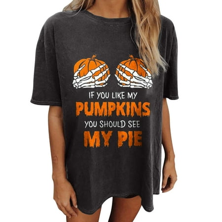 

Women Short Sleeve Creawneck Clothes Vitage Letter Graphic Pumpkin Tshirts Halloween Skull Shirts Oversized Loose Fitted Plus Size Blouse Tops