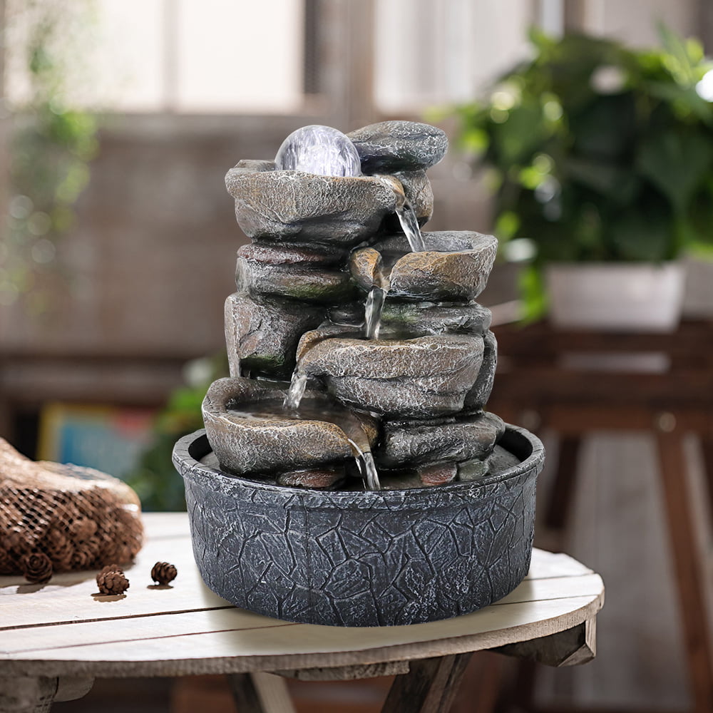 Indoor Water Fountain Tabletop Waterfalls with Crystal Ball, Rock Bowl