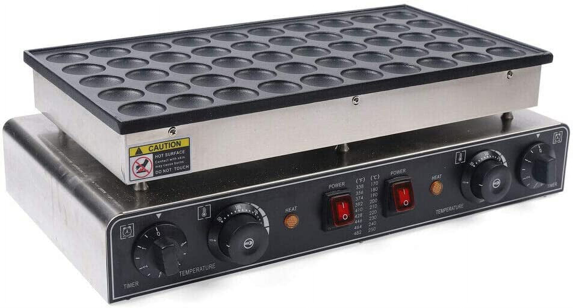Commercial Dutch Pancakes Maker, 50-hole Grid Muffin Machine Electric Waffle Dorayaki Maker, 2 Switch 5-minutes Timer Setting, Stainless Steel Body+ Non-stick Cast-iron Plate