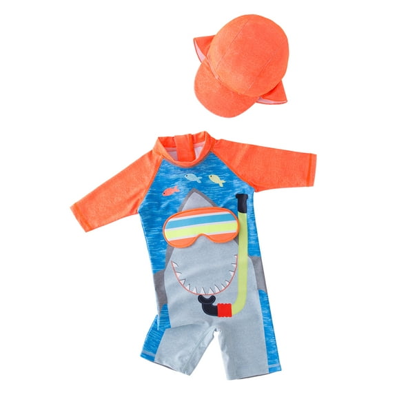 Kid Boys Chic Orange Shark Printed One-Piece Rash Guard with Sun Hat 2pcs Swimsuit Pool Beach Bathing Suit