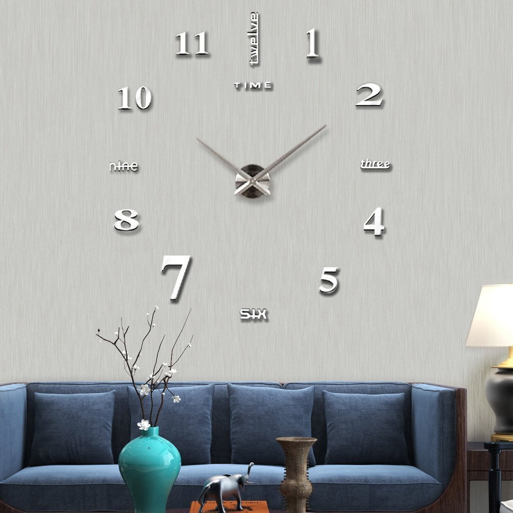Frameless Wall Clock, Large Modern 3D Mirror Wall Clock Mute Diy Wall