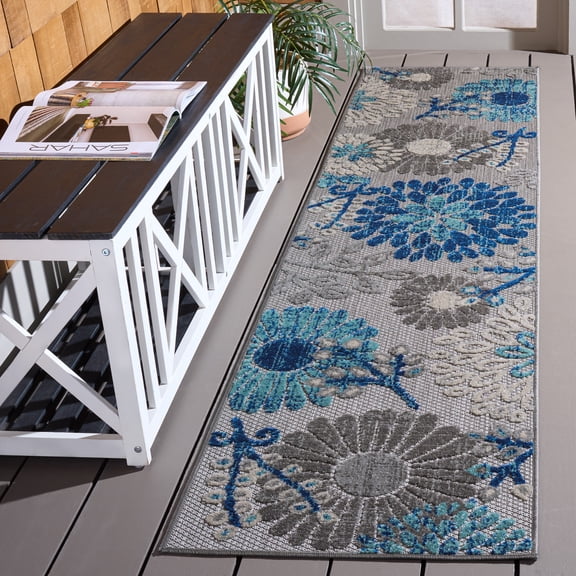 SAFAVIEH Cabana Garnet Floral Indoor/Outdoor Runner Rug, Grey/Blue, 2' x 12'