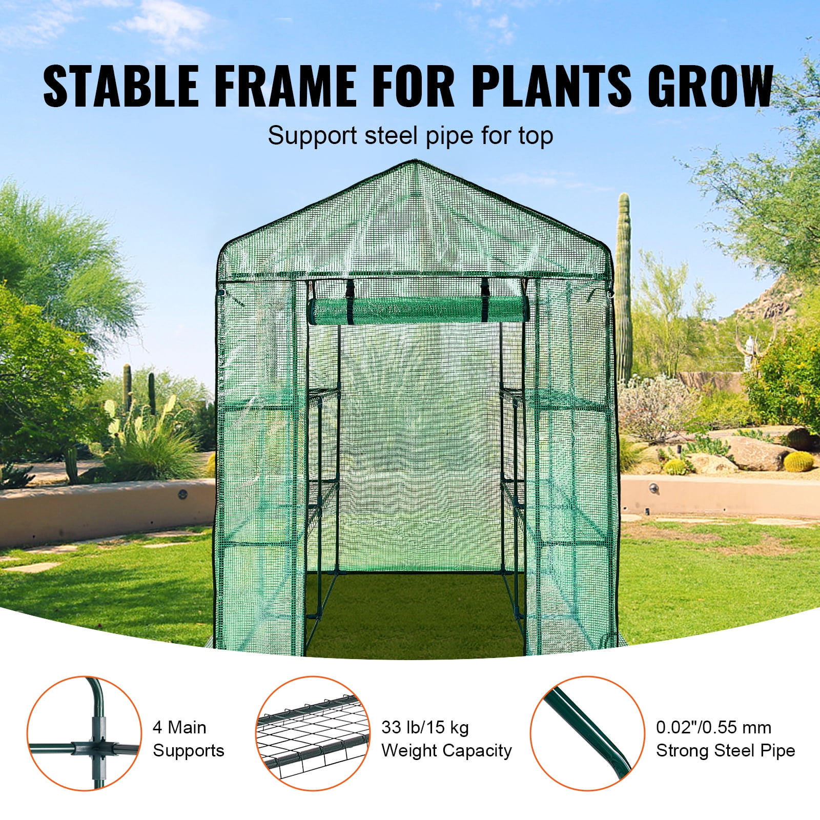 KFFKFF Portable Walk-in Greenhouse Green House with Shelves 4.6 x 4.6 x 6.6 ft