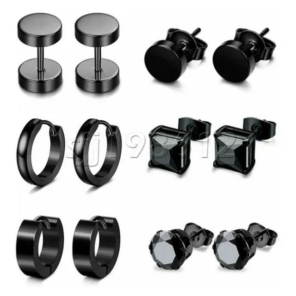 QQTDFG 6 Pair Silver CZ Stud Earrings for Women Men Stainless Steel Hoop Ear Piercing-Black