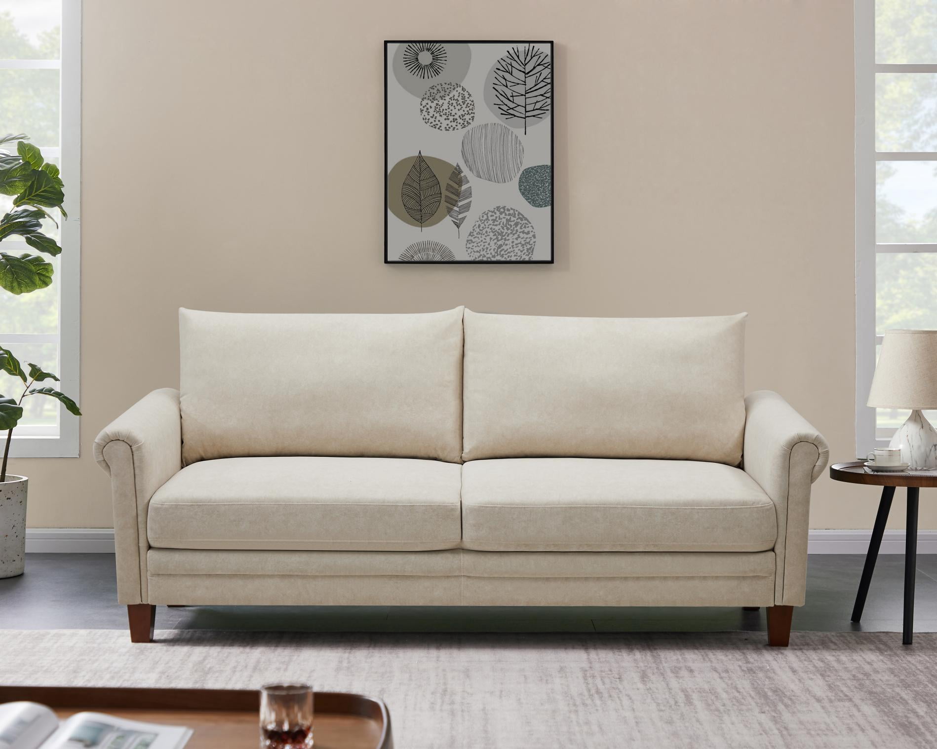 Modern Fabric Sofa with Wooden Legs and Removable Back Cushions, Three ...