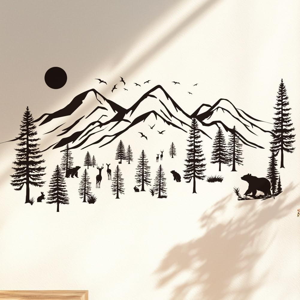 2 Sheets Self Adhesive Wall Stickers Mountains Trees Wall Posters and Prints Removable Waterproof Decals Wall Art Home Decor